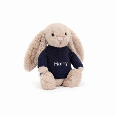 Jellycat Bashful Beige Konijn with Navy Jumper | VK1465728